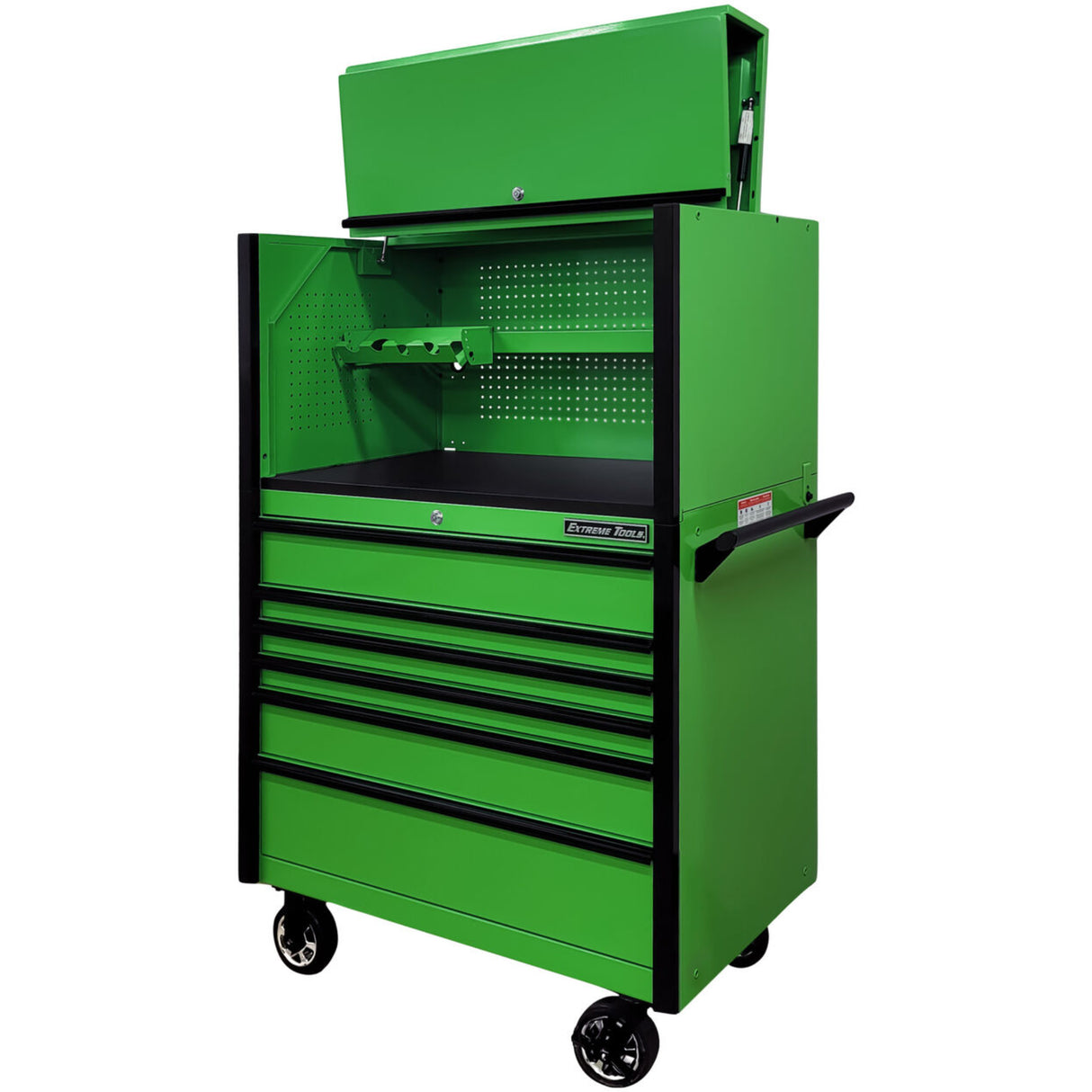 Extreme Tools DX Series 41in W x 25in D Power Workstation Hutch & 6-Drawer Roller Cabinet Combo, Green/Black