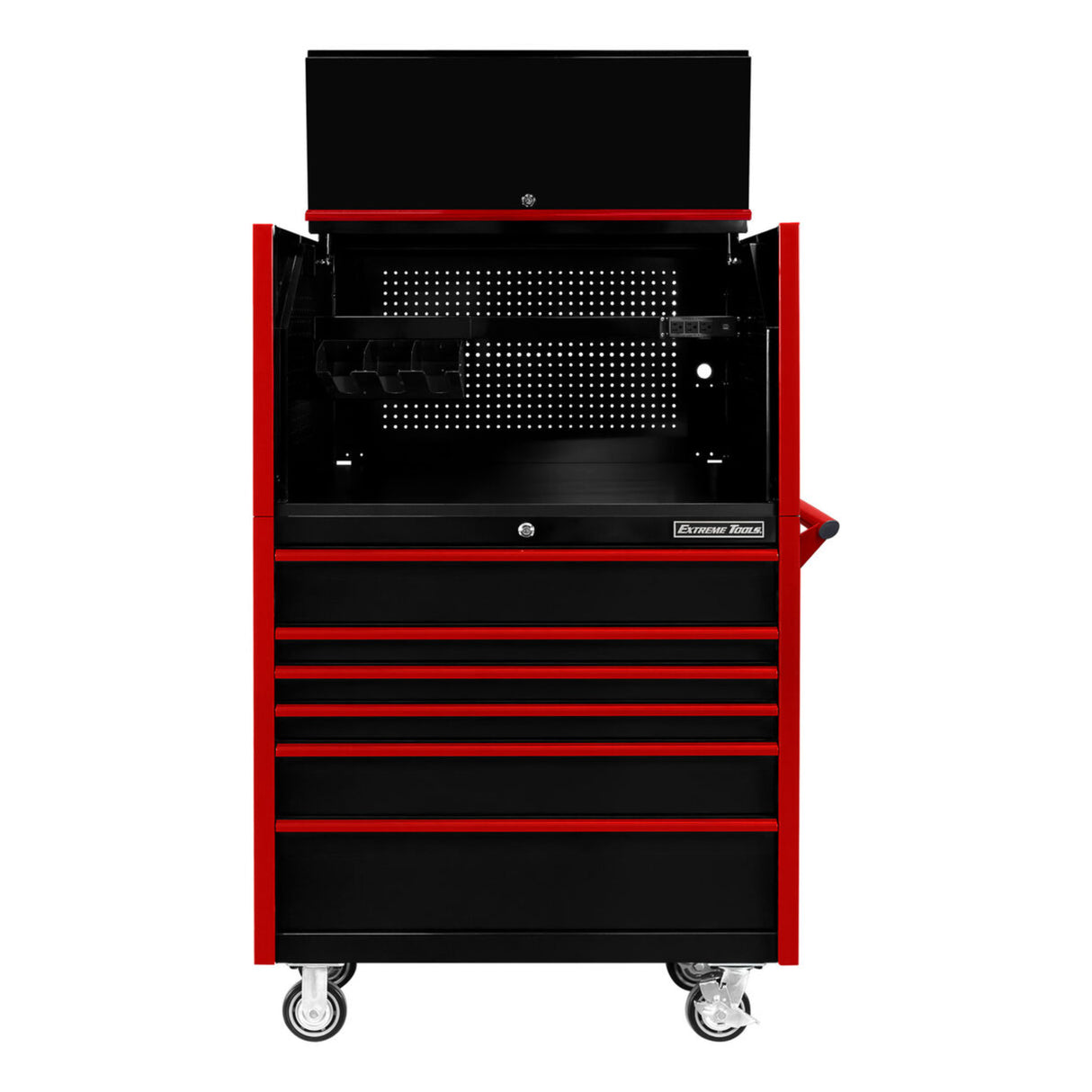 Extreme Tools DX Series 41in W x 25in D Power Workstation Hutch & 6-Drawer Roller Cabinet Combo, Black/Red