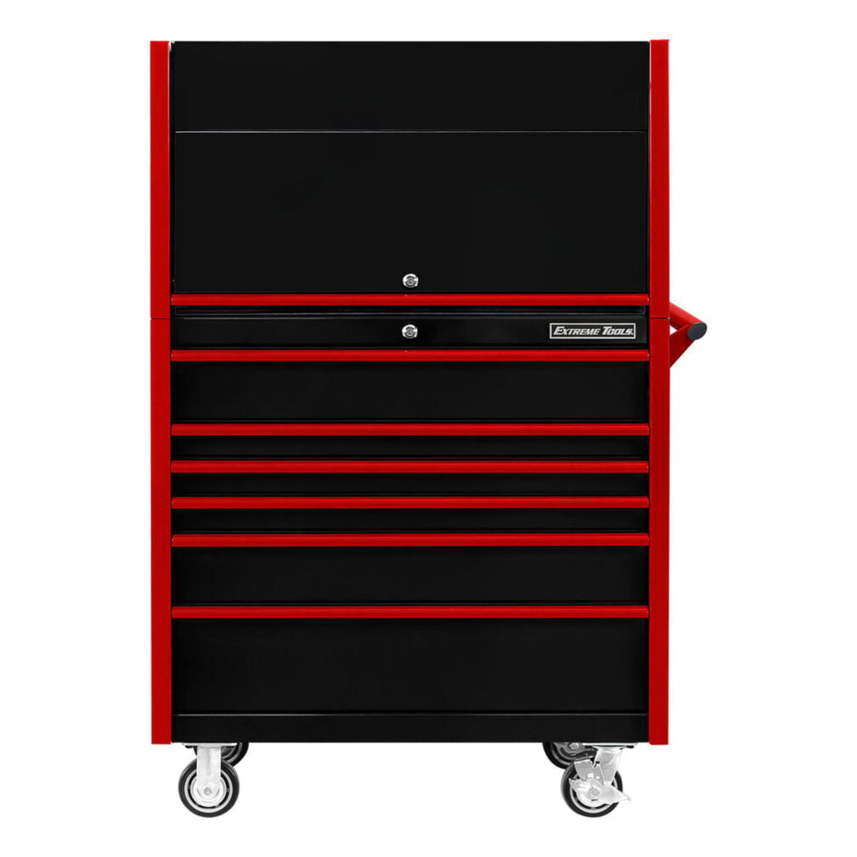Extreme Tools DX Series 41in W x 25in D Power Workstation Hutch & 6-Drawer Roller Cabinet Combo, Black/Red