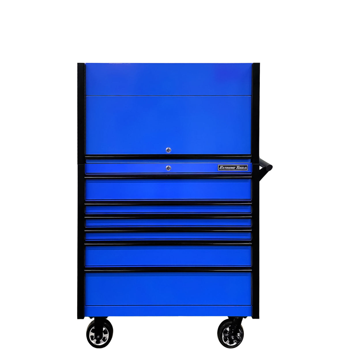 Extreme Tools DX Series 41in W x 25in D Power Workstation Hutch & 6-Drawer Roller Cabinet Combo, Blue/Black