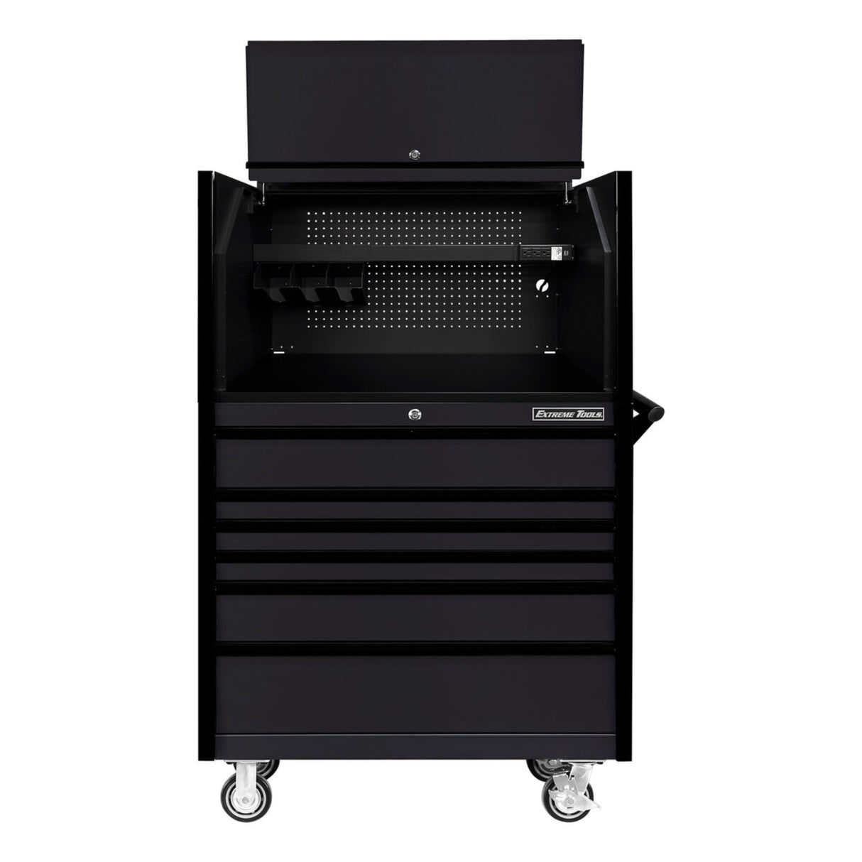 Extreme Tools DX Series 41in W x 25in D Power Workstation Hutch & 6-Drawer Roller Cabinet Combo, Matte Black