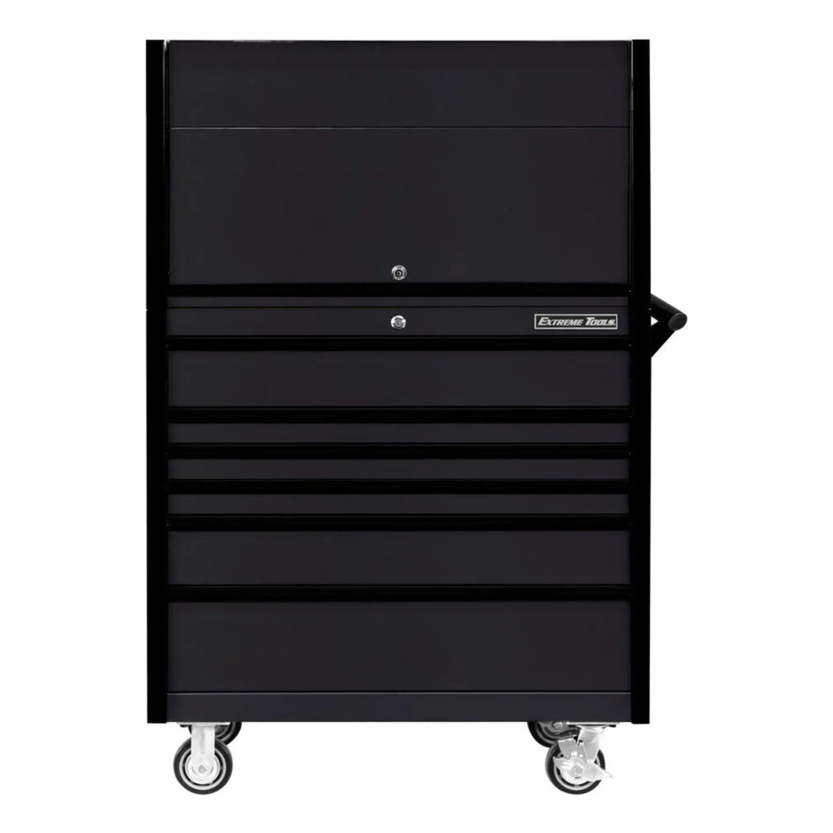 Extreme Tools DX Series 41in W x 25in D Power Workstation Hutch & 6-Drawer Roller Cabinet Combo, Matte Black