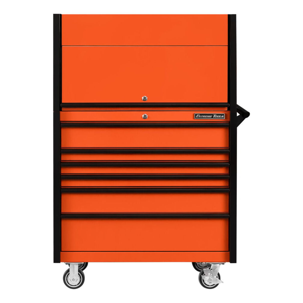 Extreme Tools DX Series 41in W x 25in D Power Workstation Hutch & 6-Drawer Roller Cabinet Combo, Orange/Black