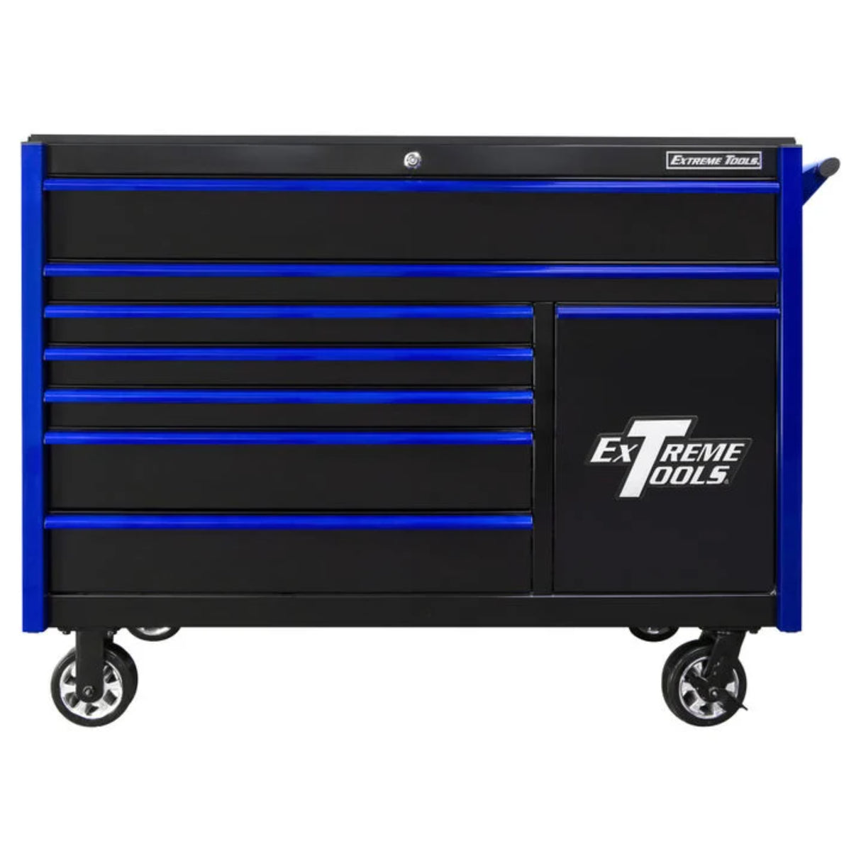 Extreme Tools DX Series 55in W x 25in D 8-Drawer Roller Cabinet with Power Tool Drawer, Black/Blue