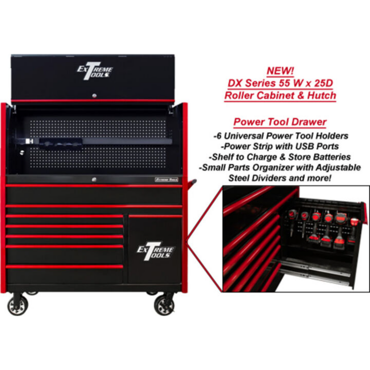 Extreme Tools DX Series 55in W x 25in D Power Workstation Hutch & 8-Drawer Roller Cabinet with Power Tool Drawer, Black/Red