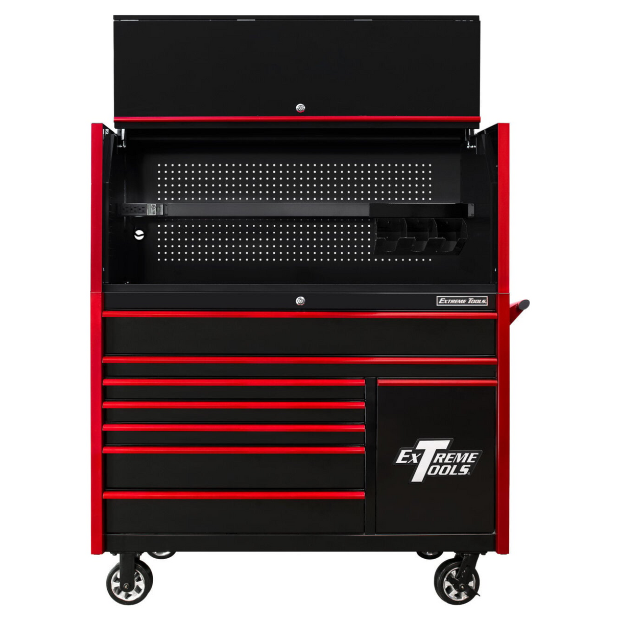 Extreme Tools DX Series 55in W x 25in D Power Workstation Hutch & 8-Drawer Roller Cabinet with Power Tool Drawer, Black/Red