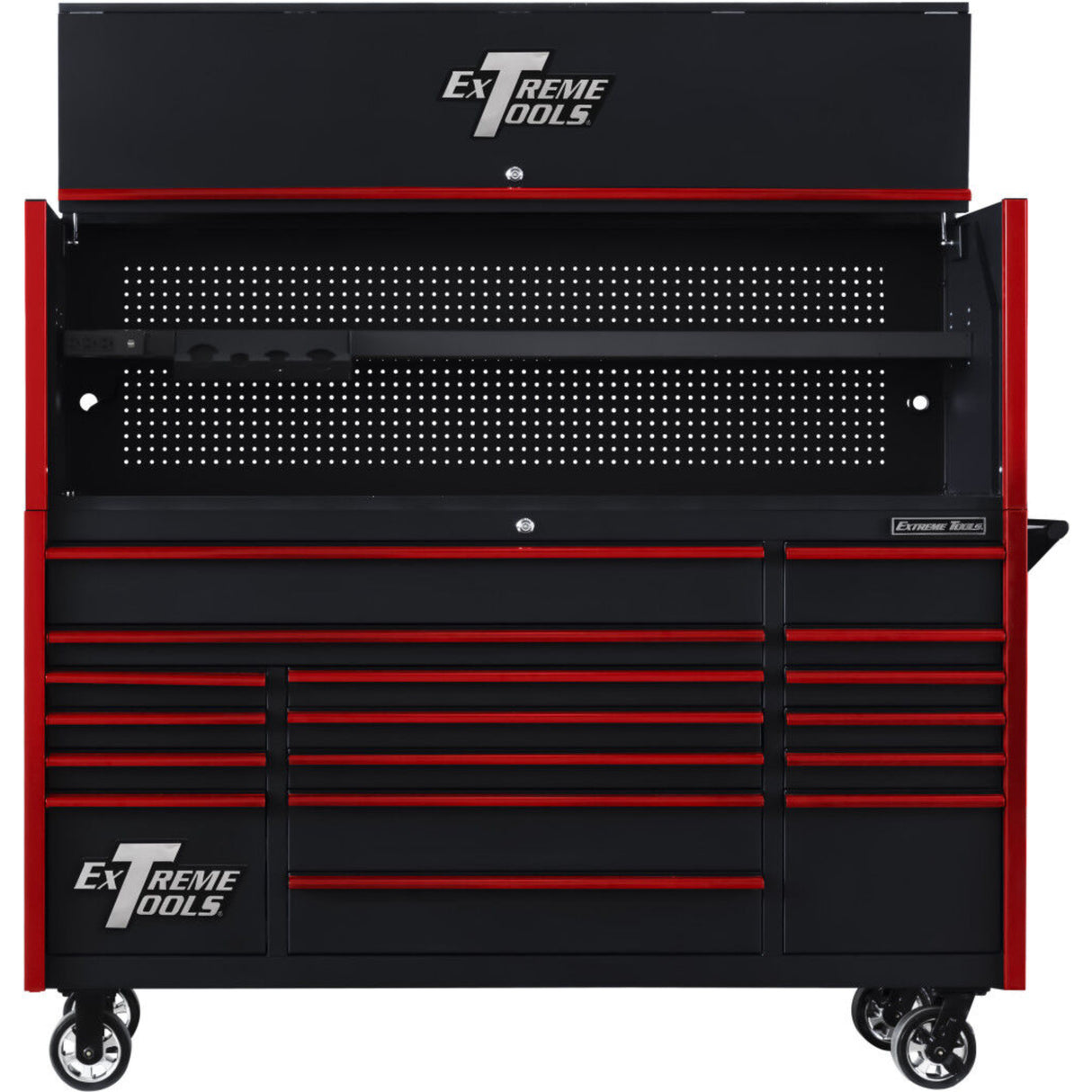Extreme Tools DX Series 72in W x 21in D Power Workstation Hutch & 17-Drawer Roller Cabinet Combo, Black/Red