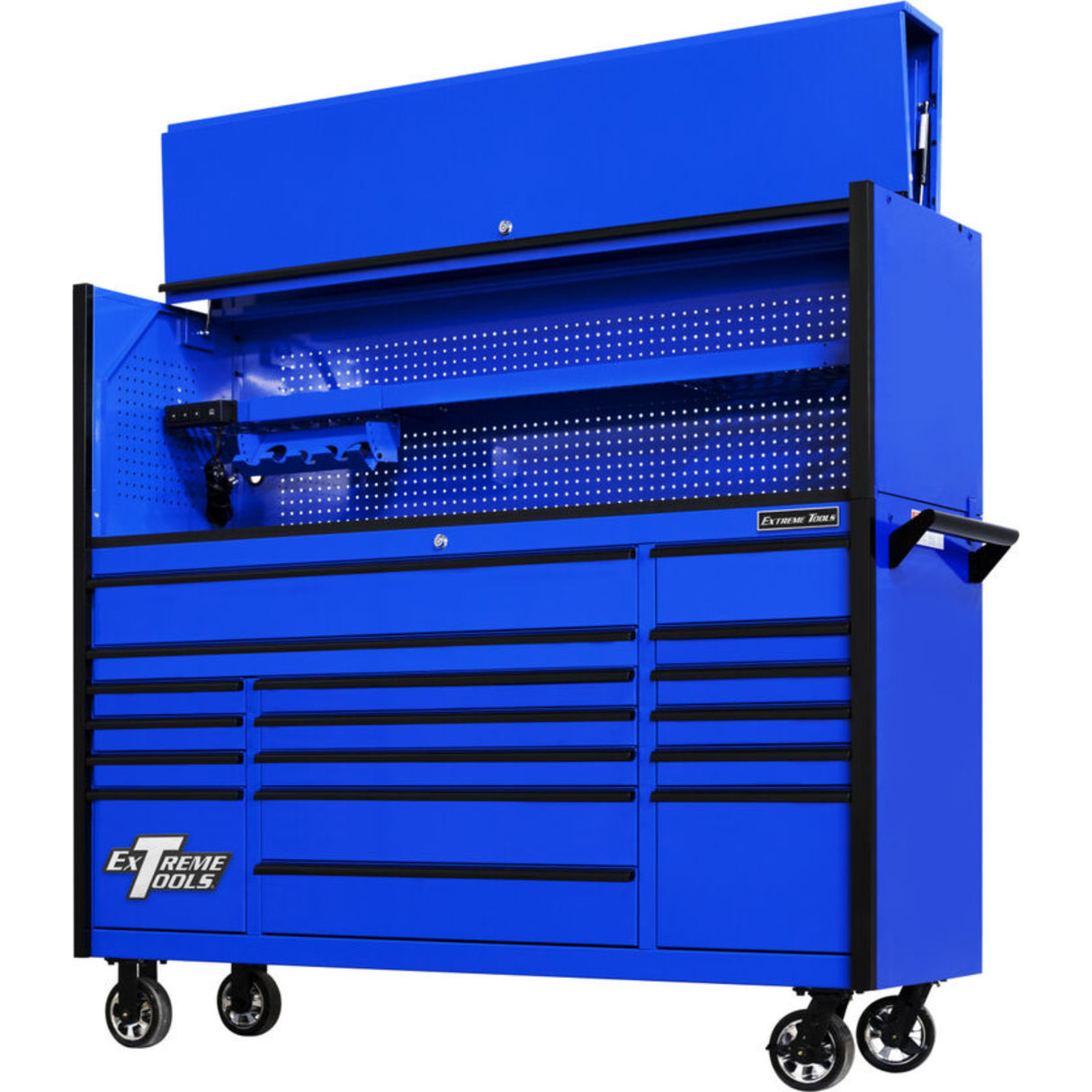 Extreme Tools DX Series 72in W x 21in D Power Workstation Hutch & 17-Drawer Roller Cabinet Combo, Blue/Black