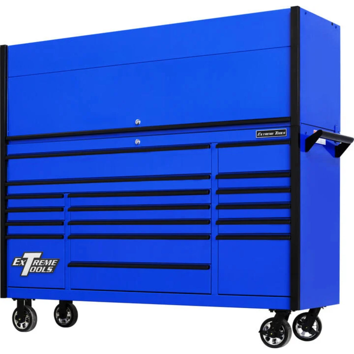 Extreme Tools DX Series 72in W x 21in D Power Workstation Hutch & 17-Drawer Roller Cabinet Combo, Blue/Black