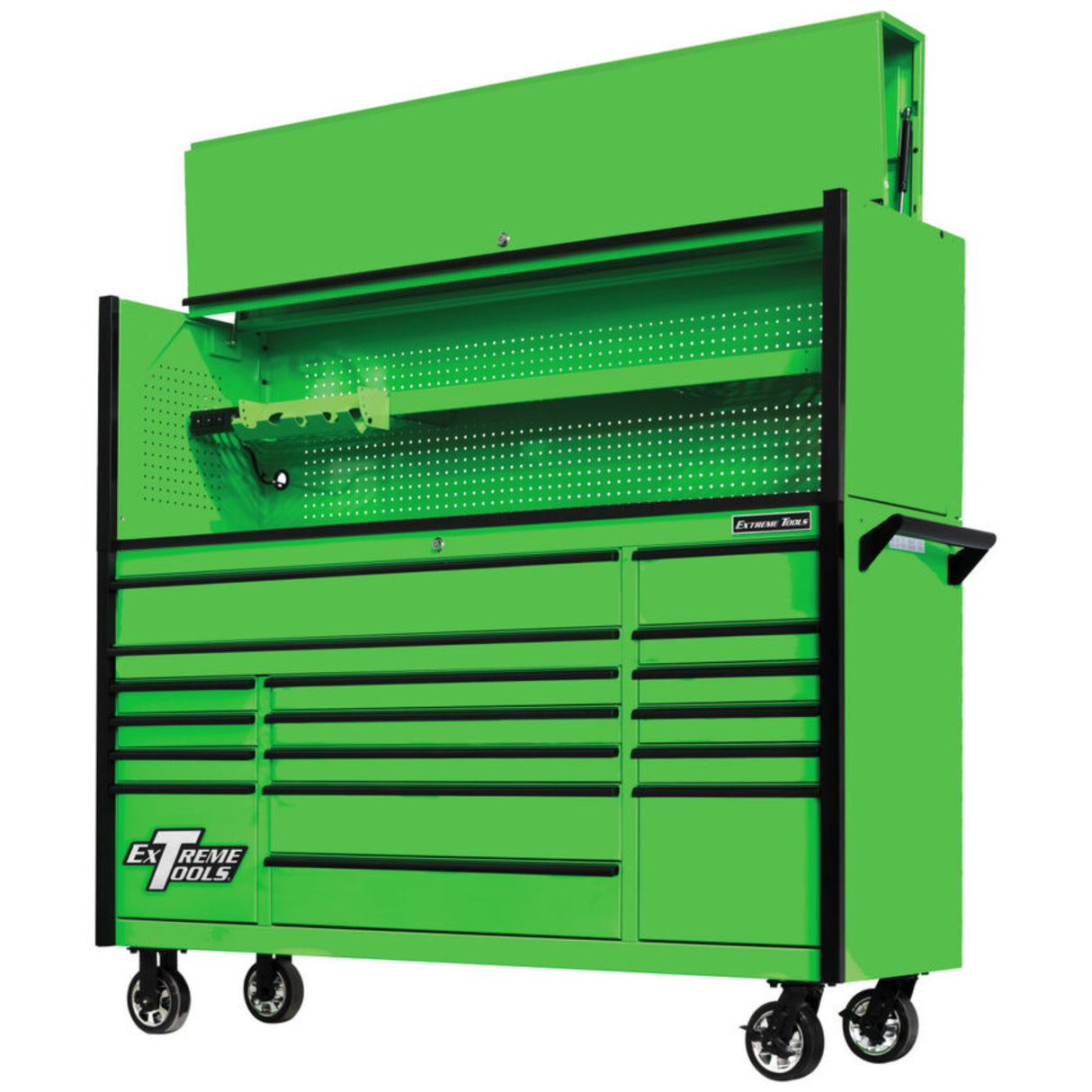 Extreme Tools DX Series 72in W x 21in D Power Workstation Hutch & 17-Drawer Roller Cabinet Combo, Green/Black