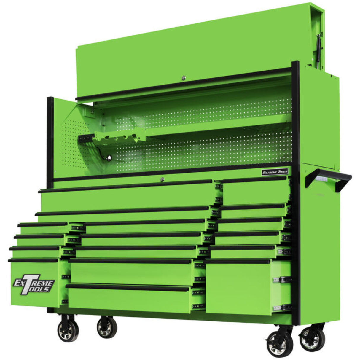 Extreme Tools DX Series 72in W x 21in D Power Workstation Hutch & 17-Drawer Roller Cabinet Combo, Green/Black