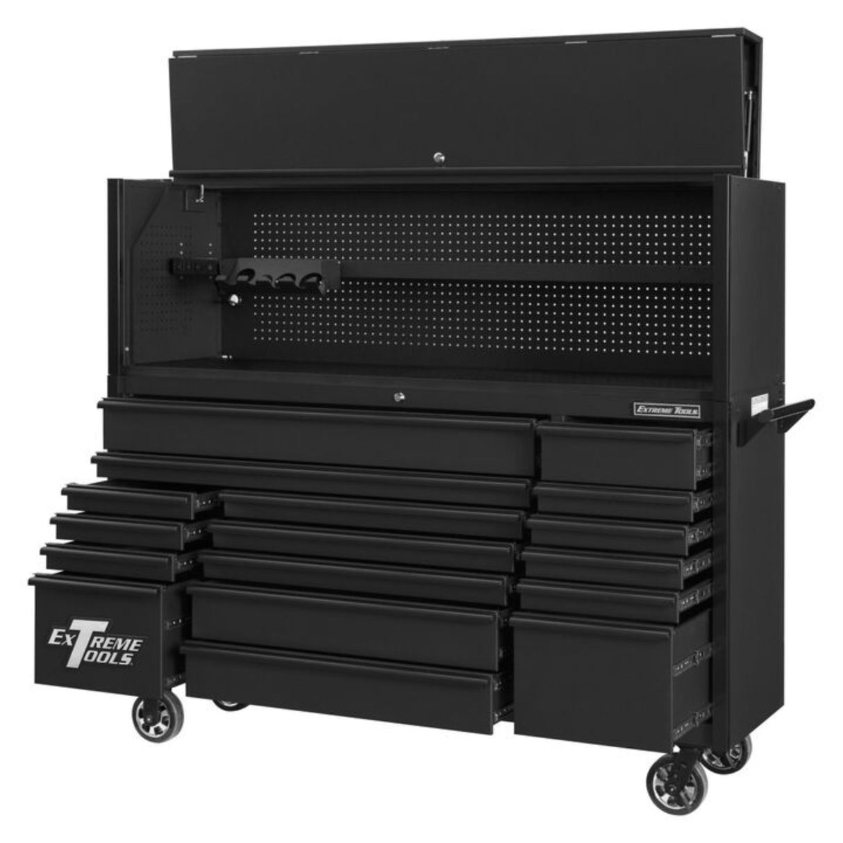 Extreme Tools DX Series 72in W x 21in D Power Workstation Hutch & 17-Drawer Roller Cabinet Combo, Matte Black