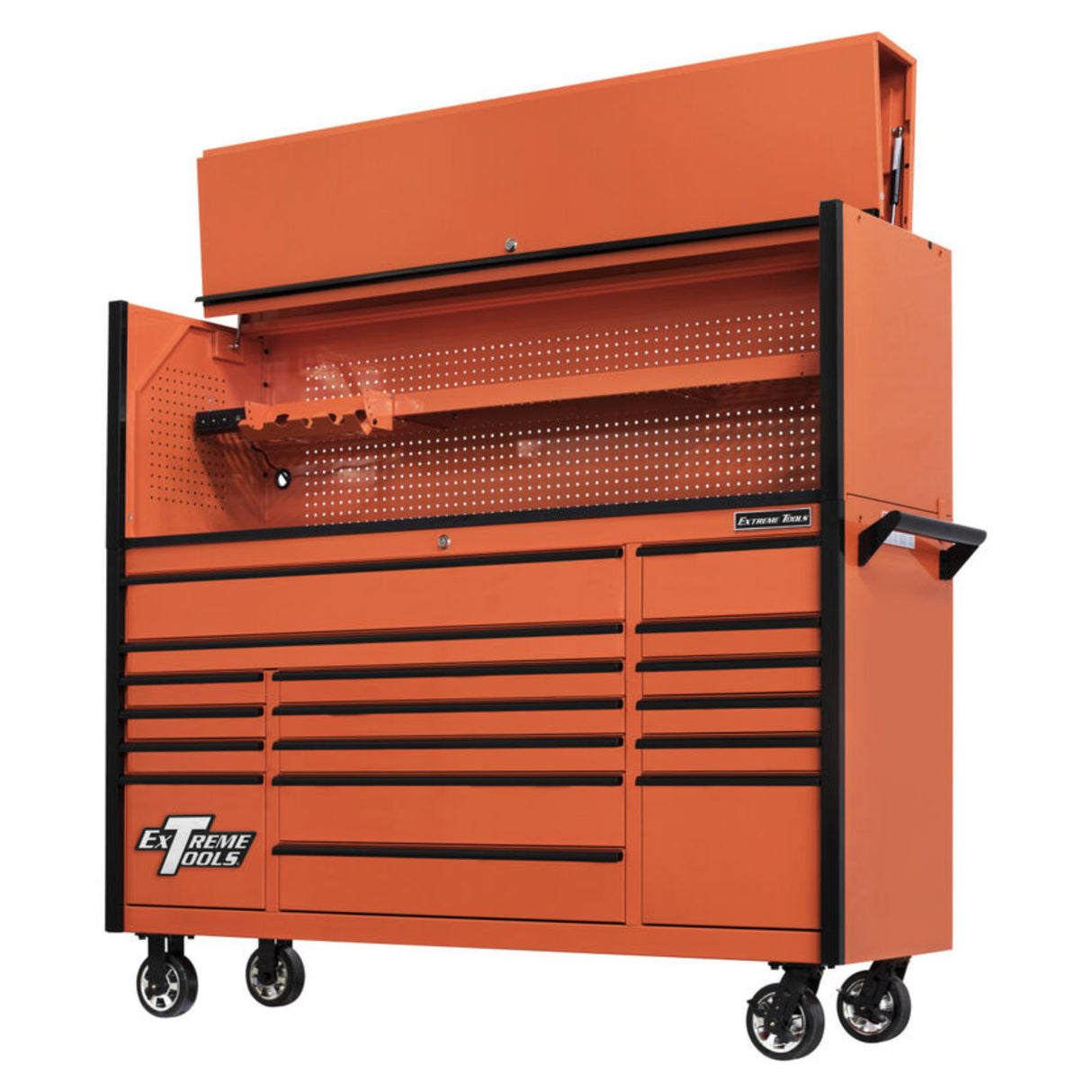 Extreme Tools DX Series 72in W x 21in D Power Workstation Hutch & 17-Drawer Roller Cabinet Combo, Orange/Black