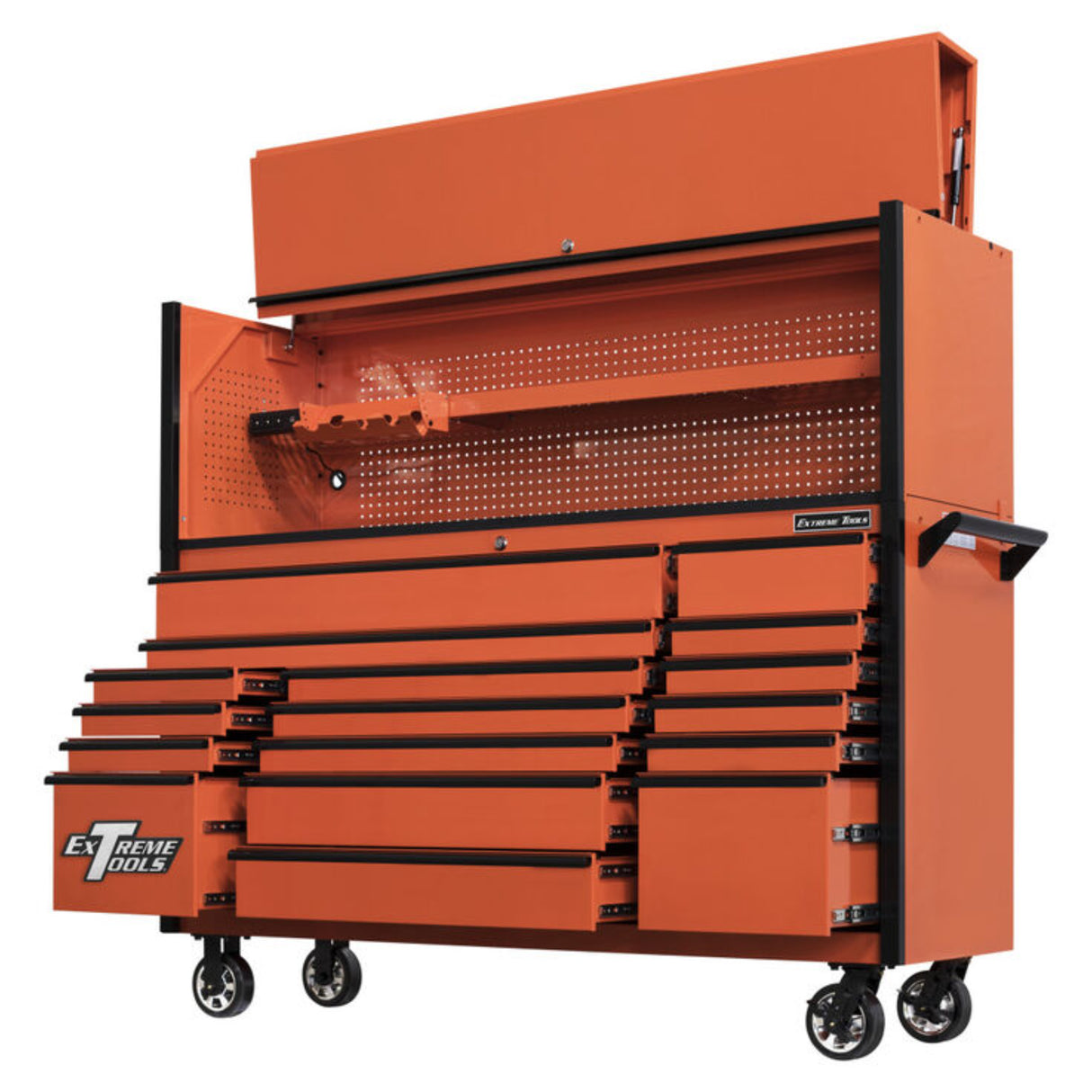 Extreme Tools DX Series 72in W x 21in D Power Workstation Hutch & 17-Drawer Roller Cabinet Combo, Orange/Black