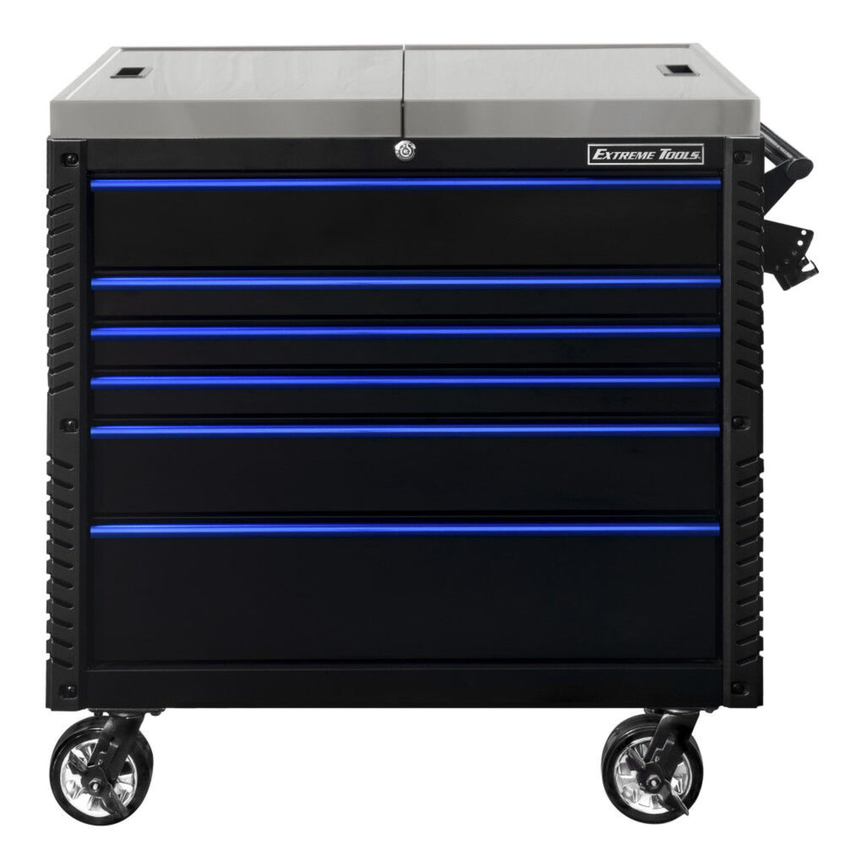 Extreme Tools EX Tool Cart Series 41in W x 26in D 6-Drawer Stainless Steel Sliding Top Tool Cart, Black/Blue