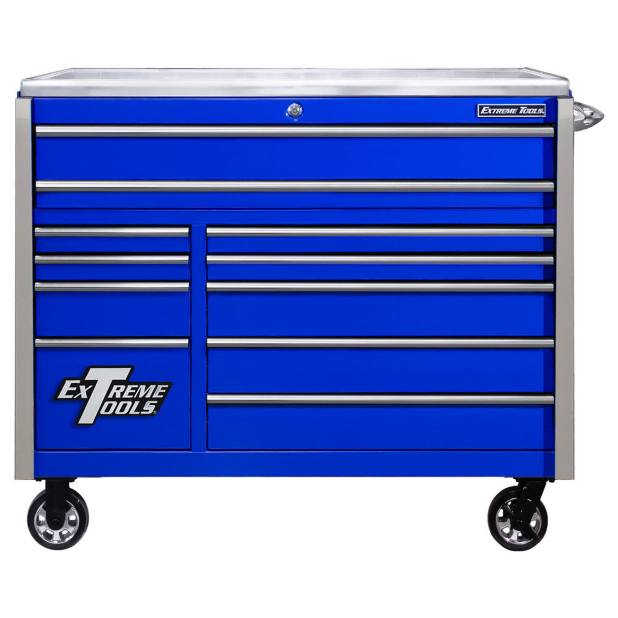 Extreme Tools EXQ Series 55in W x 30in D 11-Drawer Professional Roller Cabinet, Blue/Chrome