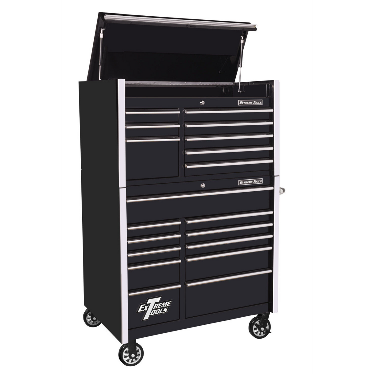 Extreme Tools RX Series 41in W x 25in D 8-Drawer Top Chest & 11-Drawer Roller Cabinet Combo, Black/Chrome