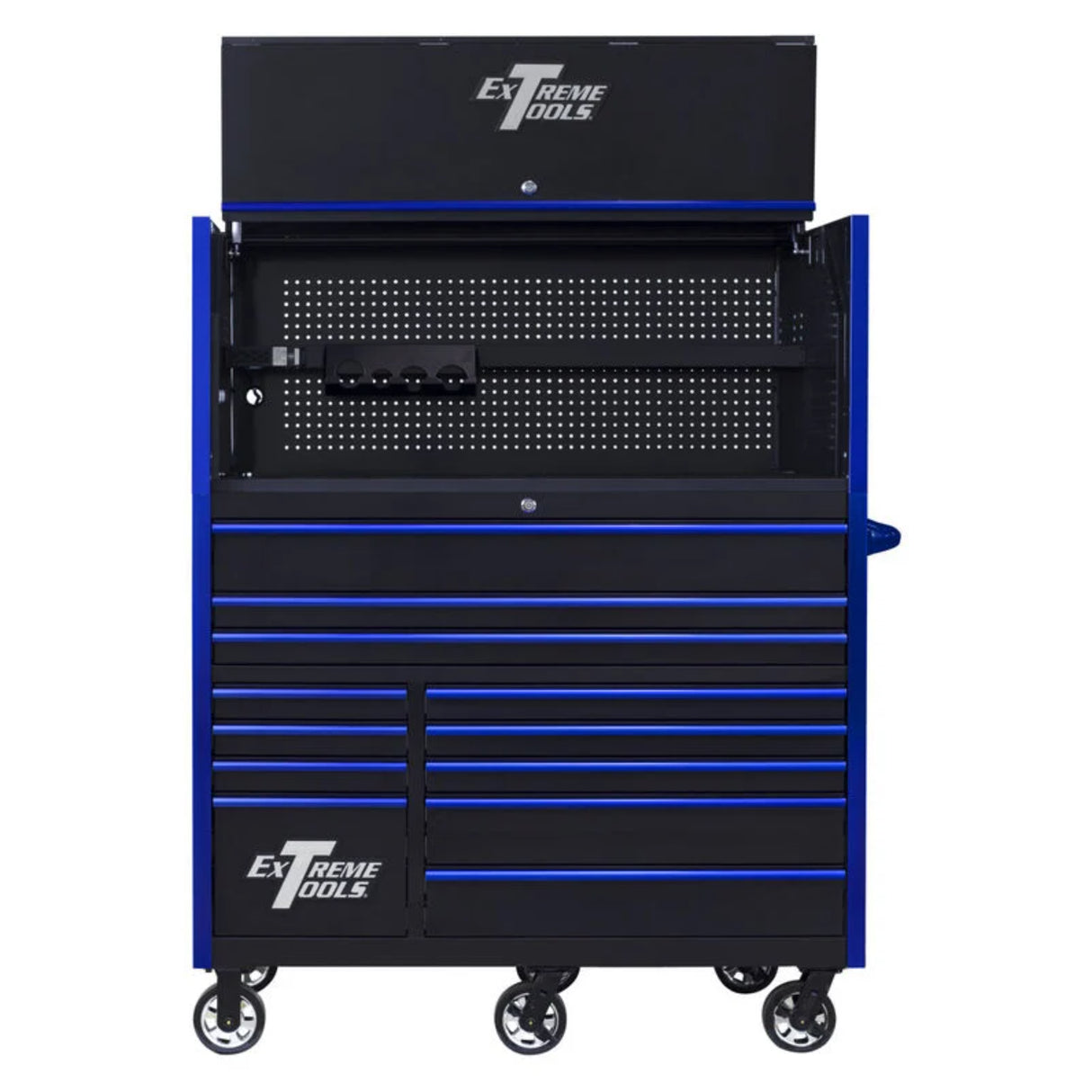 Extreme Tools RX Series 55in W x 25in D Pro Hutch & 12-Drawer Roller Cabinet Combo, Black/Blue