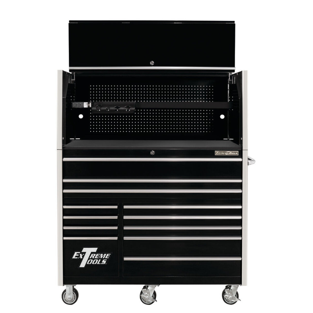 Extreme Tools RX Series 55in W x 25in D Pro Hutch & 12-Drawer Roller Cabinet Combo, Black/Chrome
