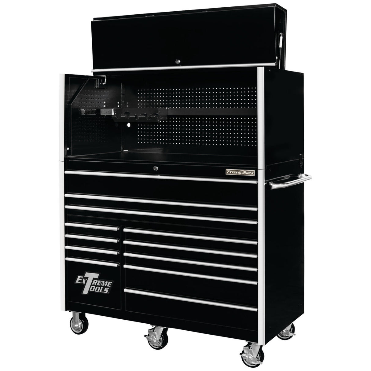 Extreme Tools RX Series 55in W x 25in D Pro Hutch & 12-Drawer Roller Cabinet Combo, Black/Chrome