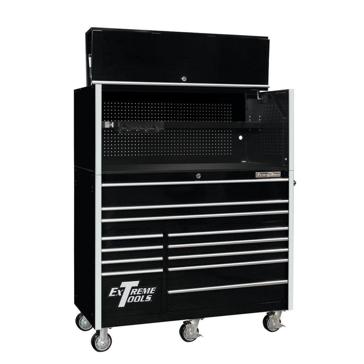 Extreme Tools RX Series 55in W x 25in D Pro Hutch & 12-Drawer Roller Cabinet Combo, Black/Chrome