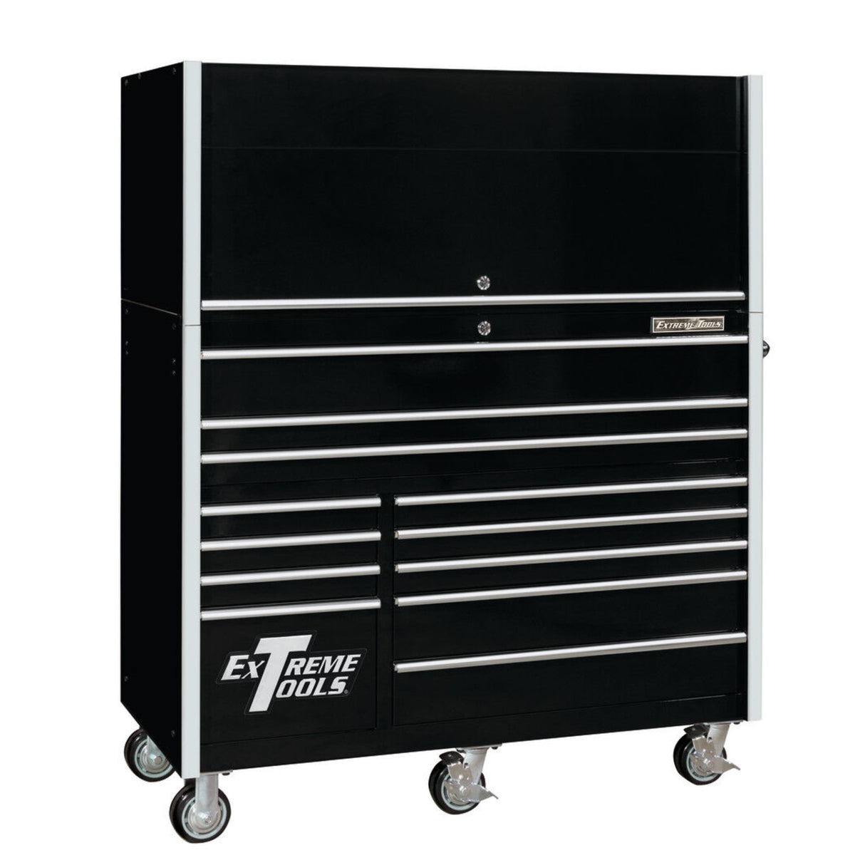 Extreme Tools RX Series 55in W x 25in D Pro Hutch & 12-Drawer Roller Cabinet Combo, Black/Chrome