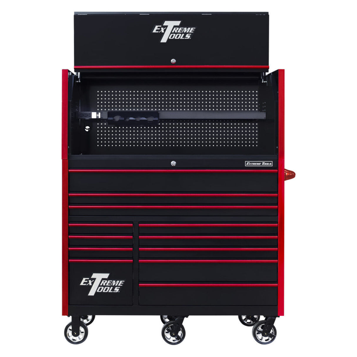 Extreme Tools RX Series 55in W x 25in D Pro Hutch & 12-Drawer Roller Cabinet Combo, Black/Red