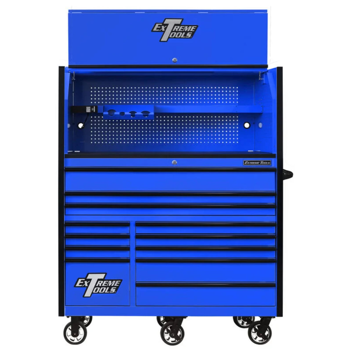 Extreme Tools RX Series 55in W x 25in D Pro Hutch & 12-Drawer Roller Cabinet Combo, Blue/Black