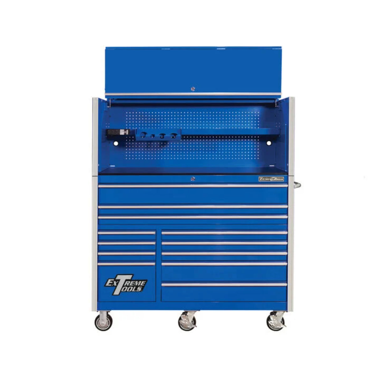 Extreme Tools RX Series 55in W x 25in D Pro Hutch & 12-Drawer Roller Cabinet Combo, Blue/Chrome