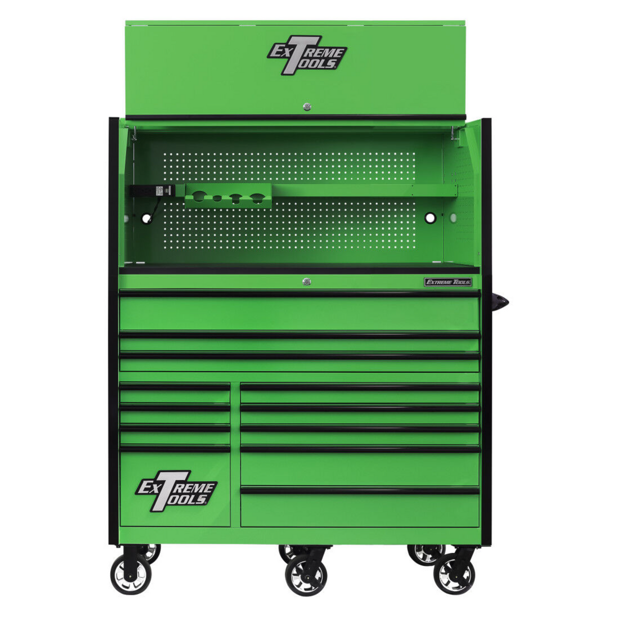 Extreme Tools RX Series 55in W x 25in D Pro Hutch & 12-Drawer Roller Cabinet Combo, Green/Black