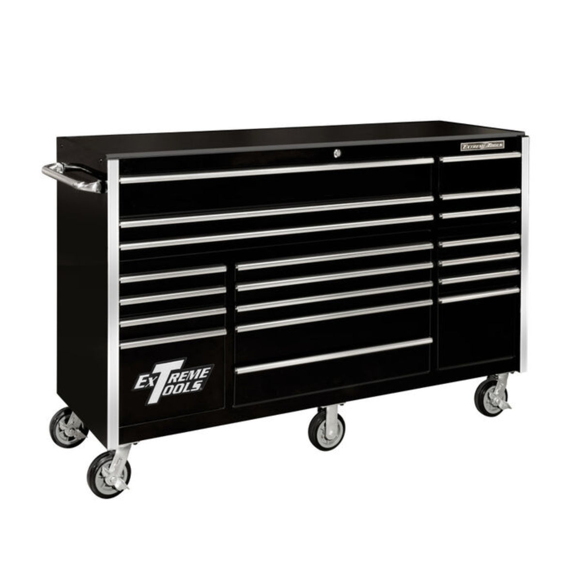 Extreme Tools RX Series 72in W x 25in D 19-Drawer Triple Bank Roller Cabinet, Black/Chrome