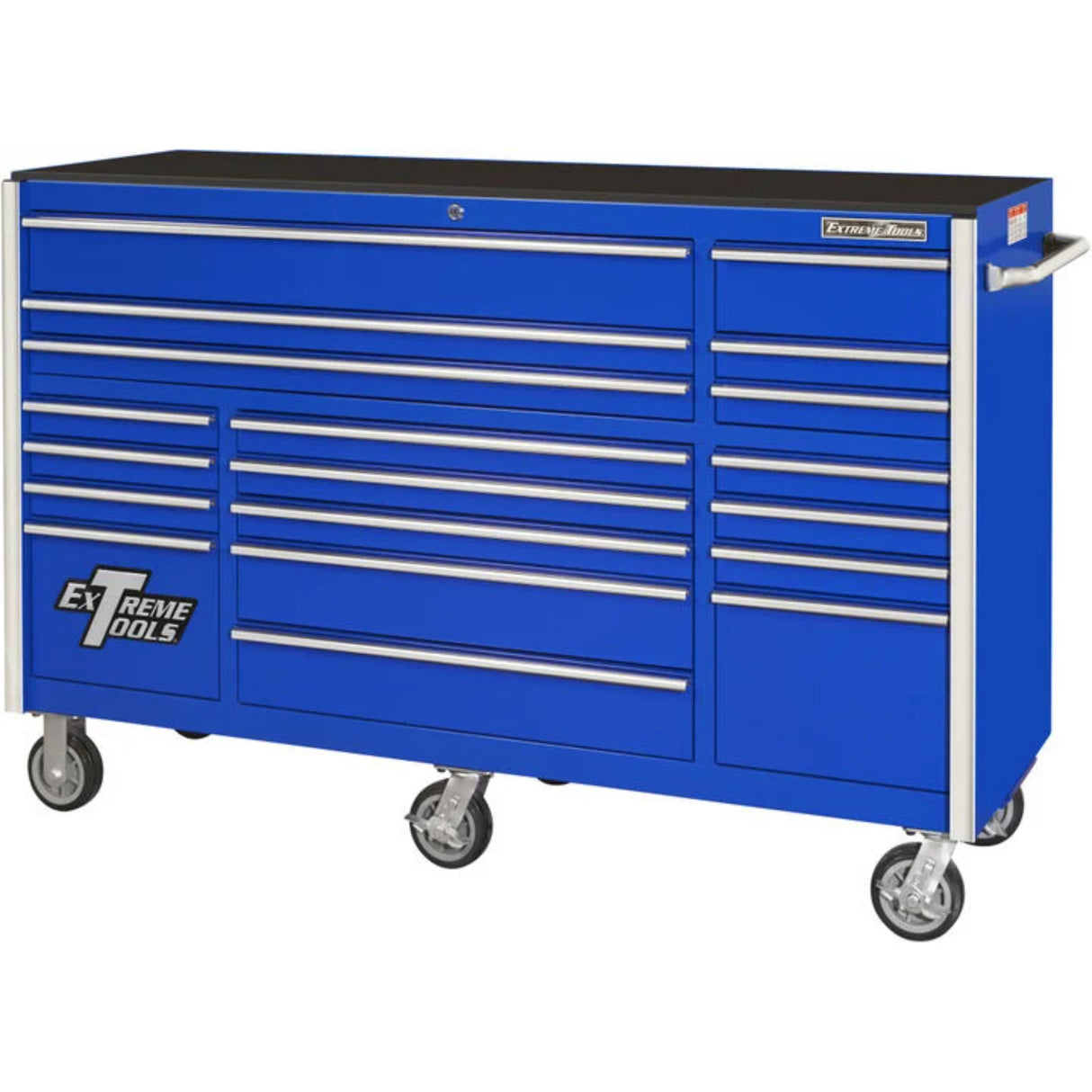 Extreme Tools RX Series 72in W x 25in D 19-Drawer Triple Bank Roller Cabinet, Blue/Chrome