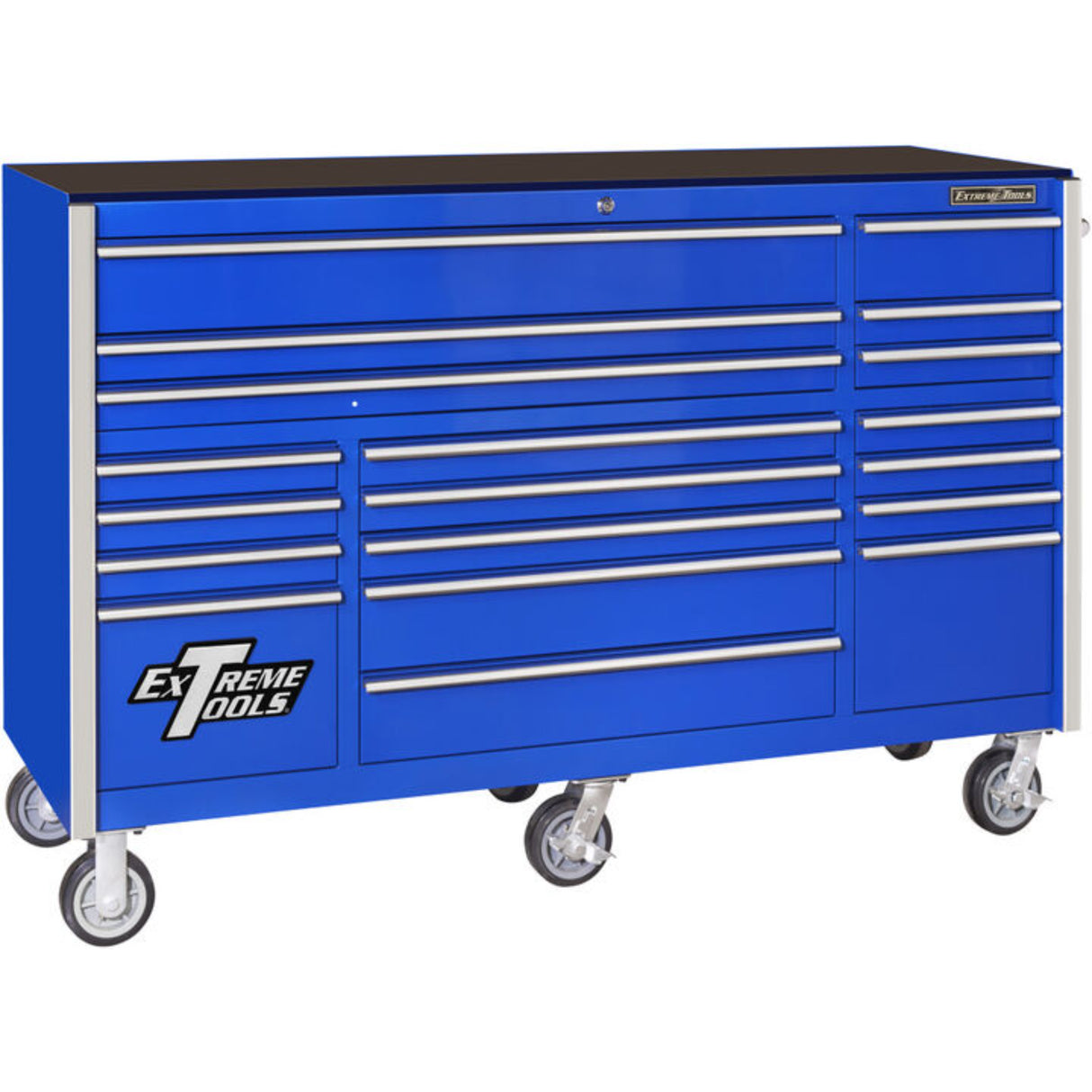 Extreme Tools RX Series 72in W x 25in D 19-Drawer Triple Bank Roller Cabinet, Blue/Chrome