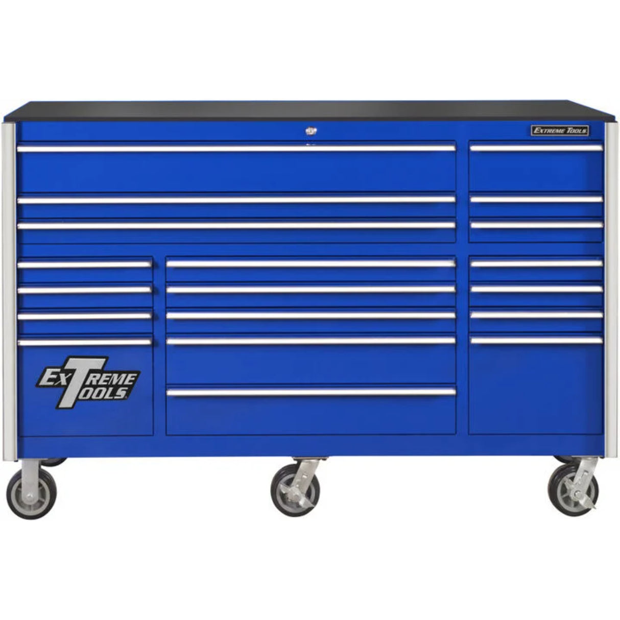 Extreme Tools RX Series 72in W x 25in D 19-Drawer Triple Bank Roller Cabinet, Blue/Chrome