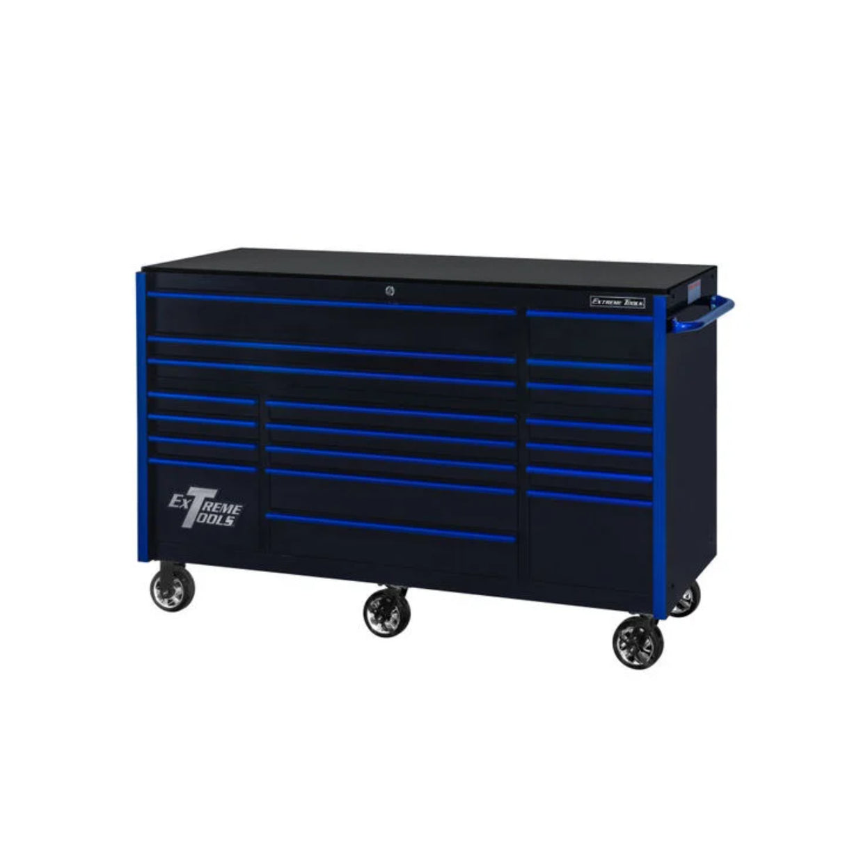 Extreme Tools RX Series 72in W x 25in D 19-Drawer Triple Bank Roller Cabinet, Black/Blue