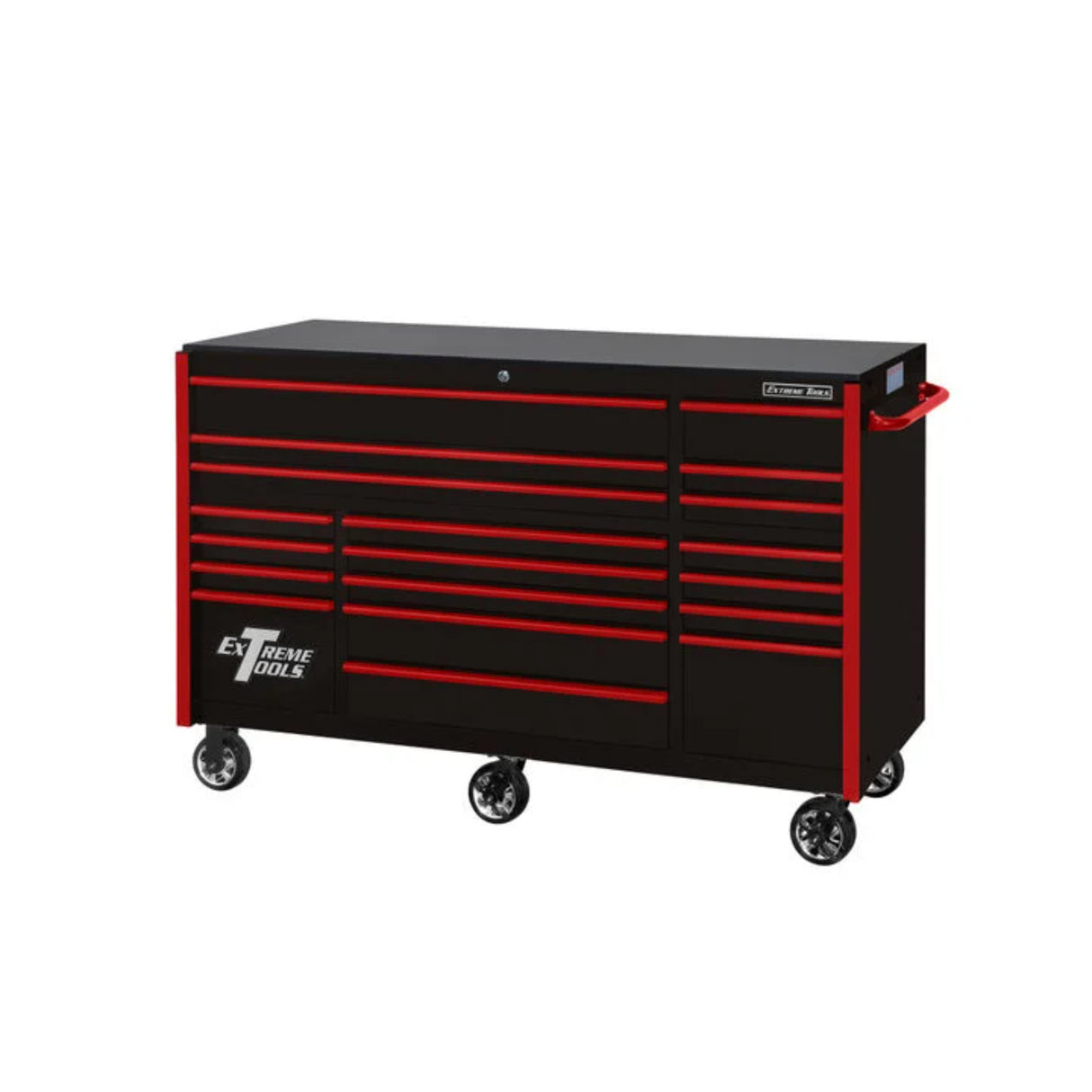 Extreme Tools RX Series 72in W x 25in D 19-Drawer Triple Bank Roller Cabinet, Black/Red