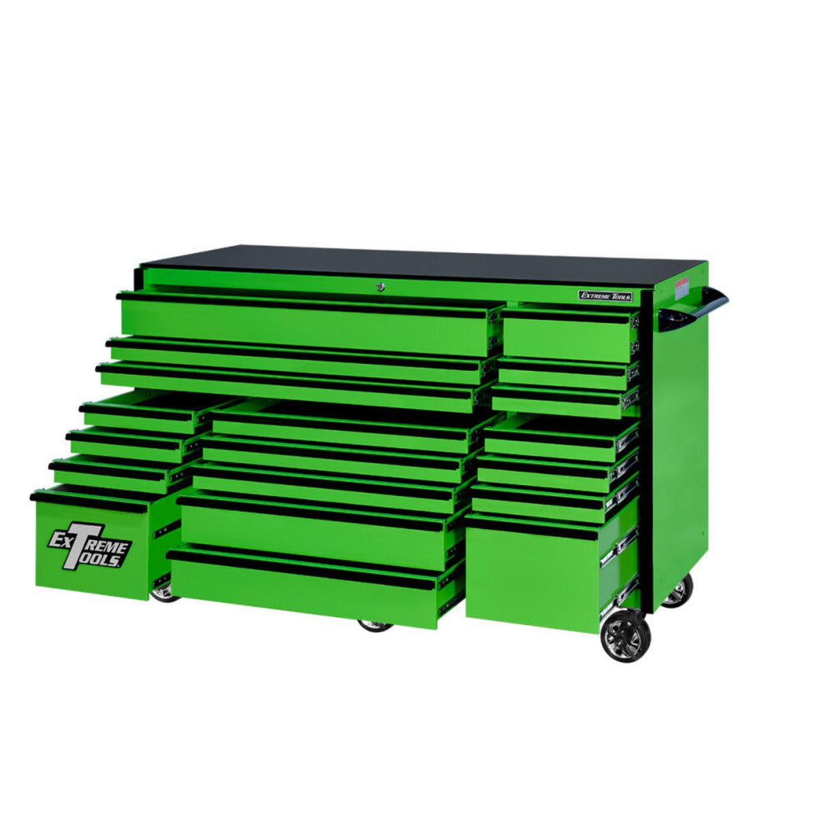 Extreme Tools RX Series 72in W x 25in D 19-Drawer Triple Bank Roller Cabinet, Green/Black