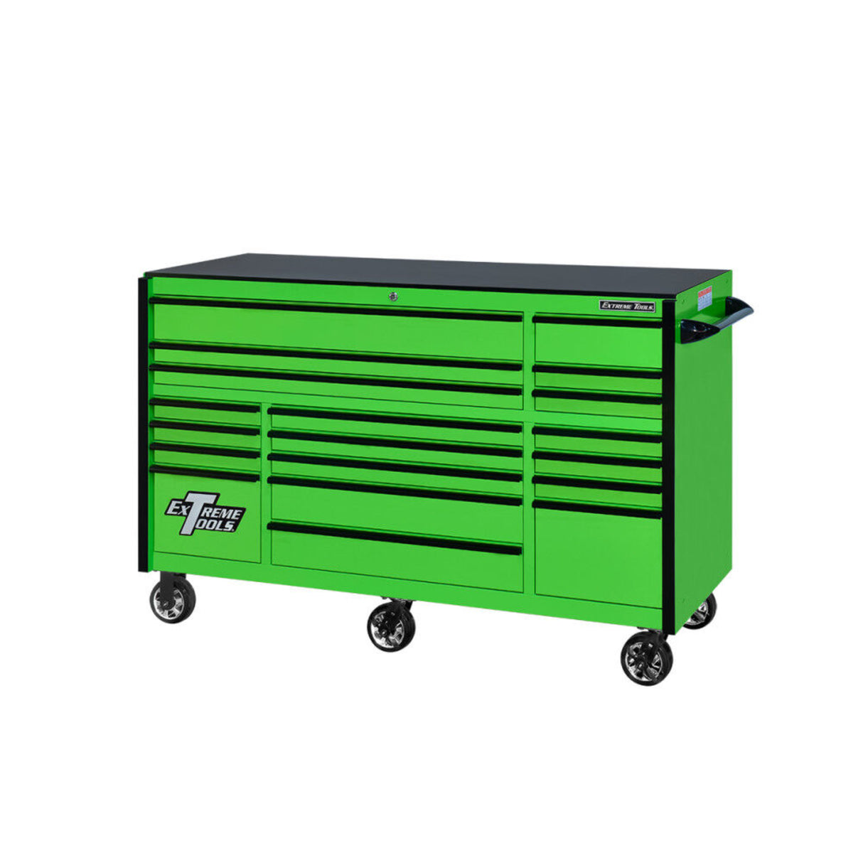 Extreme Tools RX Series 72in W x 25in D 19-Drawer Triple Bank Roller Cabinet, Green/Black