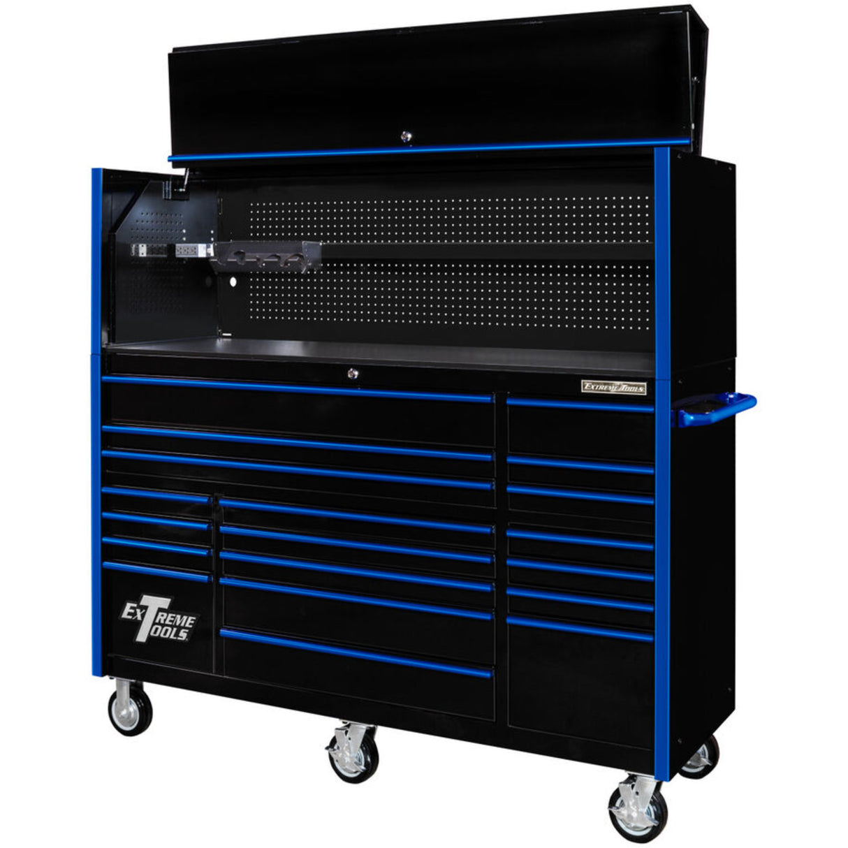 Extreme Tools RX Series 72in W x 25in D Pro Hutch & 19-Drawer Roller Cabinet Combo, Black/Blue