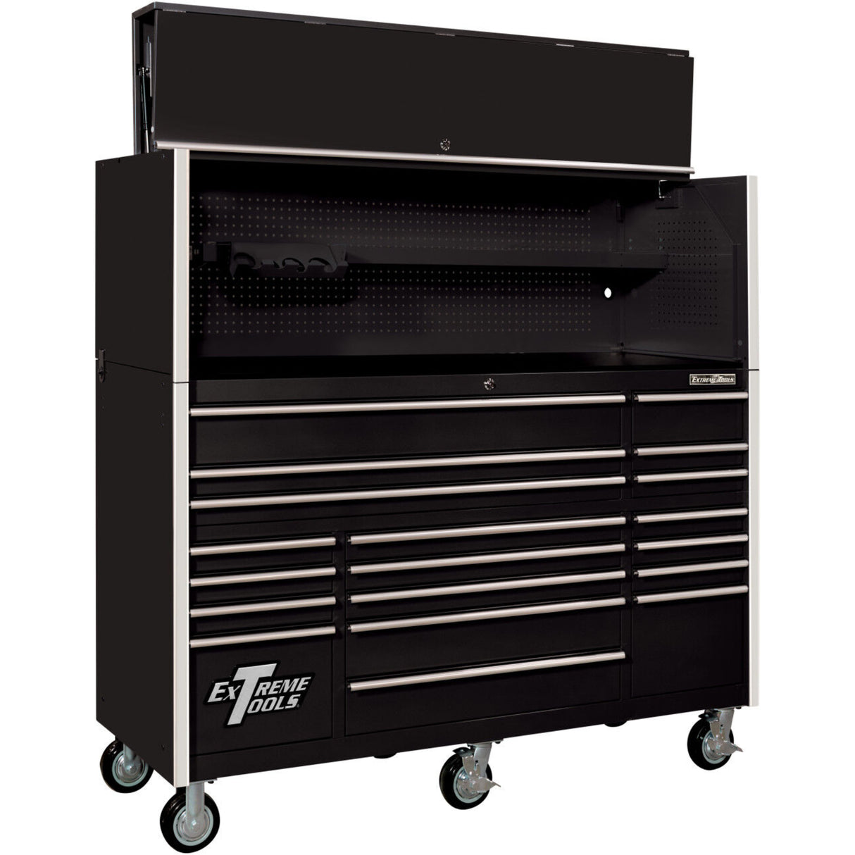 Extreme Tools RX Series 72in W x 25in D Pro Hutch & 19-Drawer Roller Cabinet Combo, Black/Chrome