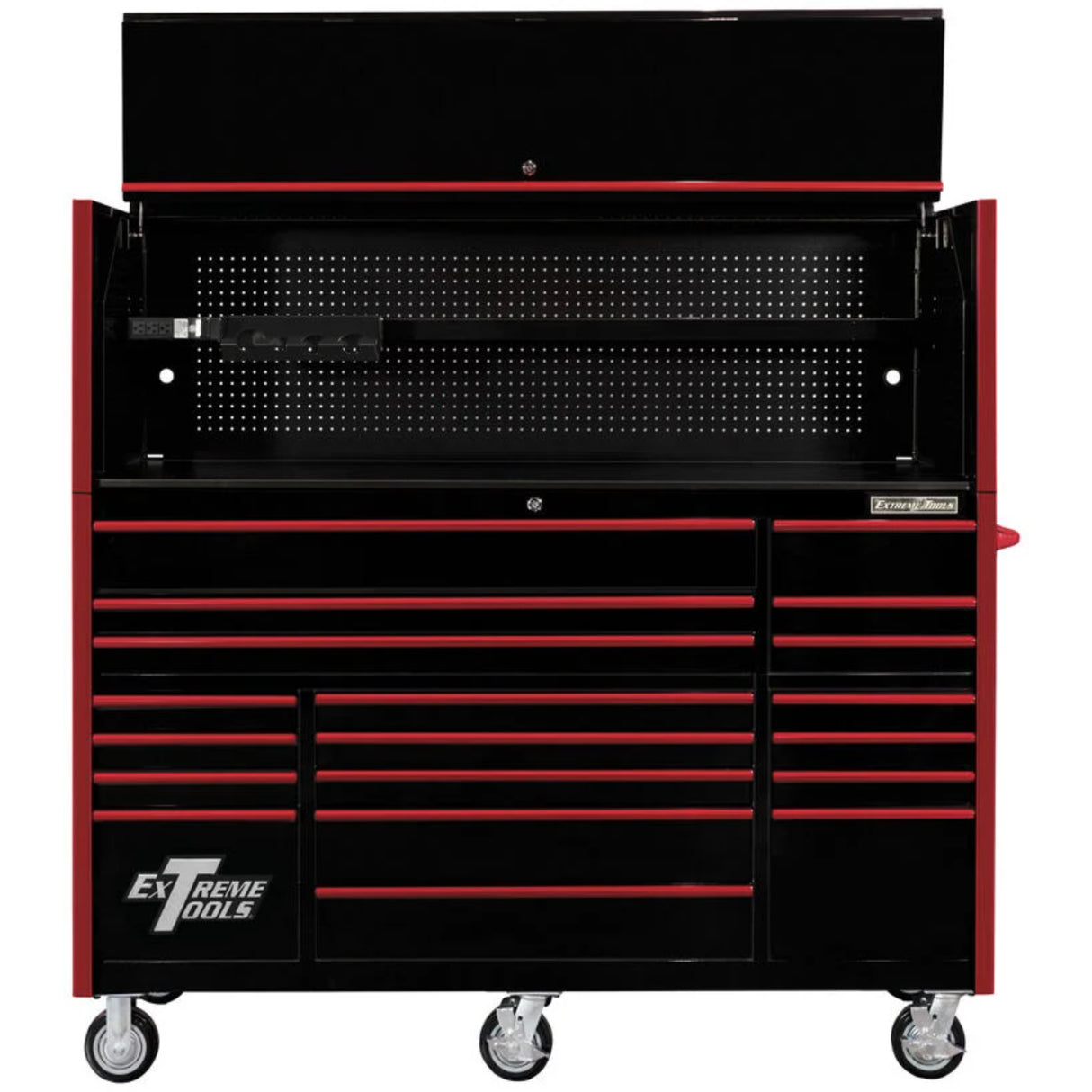 Extreme Tools RX Series 72in W x 25in D Pro Hutch & 19-Drawer Roller Cabinet Combo, Black/Red