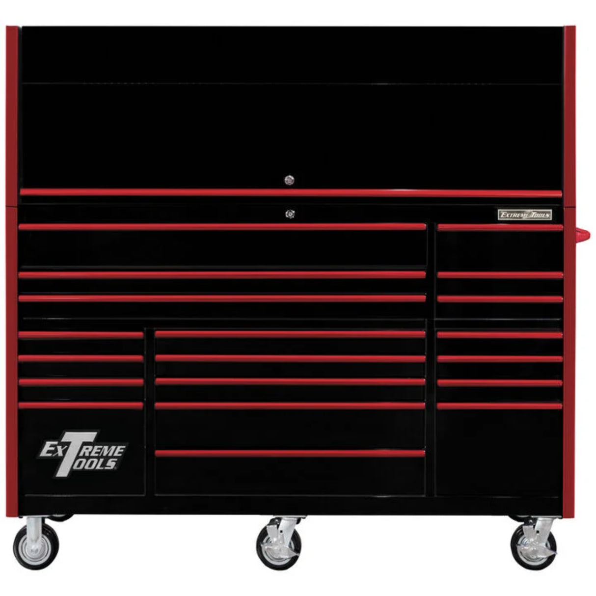 Extreme Tools RX Series 72in W x 25in D Pro Hutch & 19-Drawer Roller Cabinet Combo, Black/Red