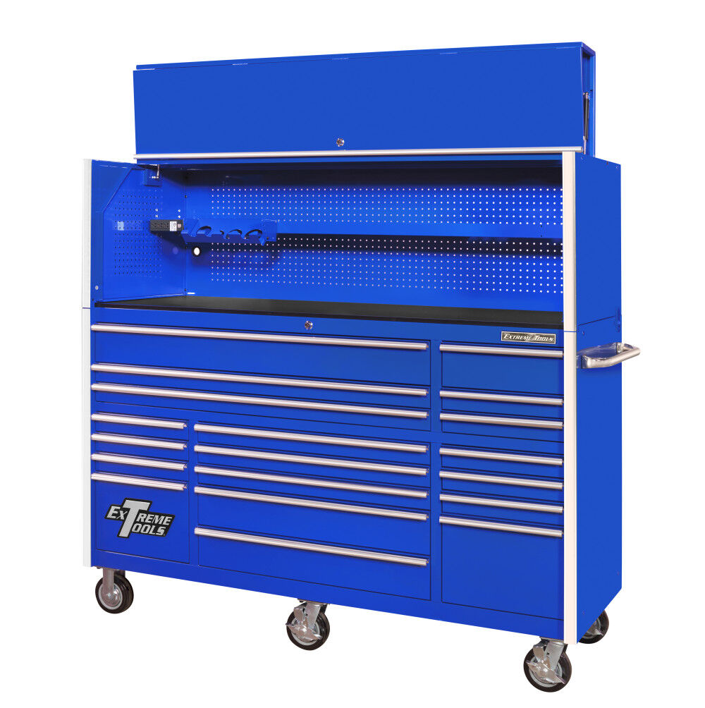 Extreme Tools RX Series 72in W x 25in D Pro Hutch & 19-Drawer Roller Cabinet Combo, Blue/Chrome