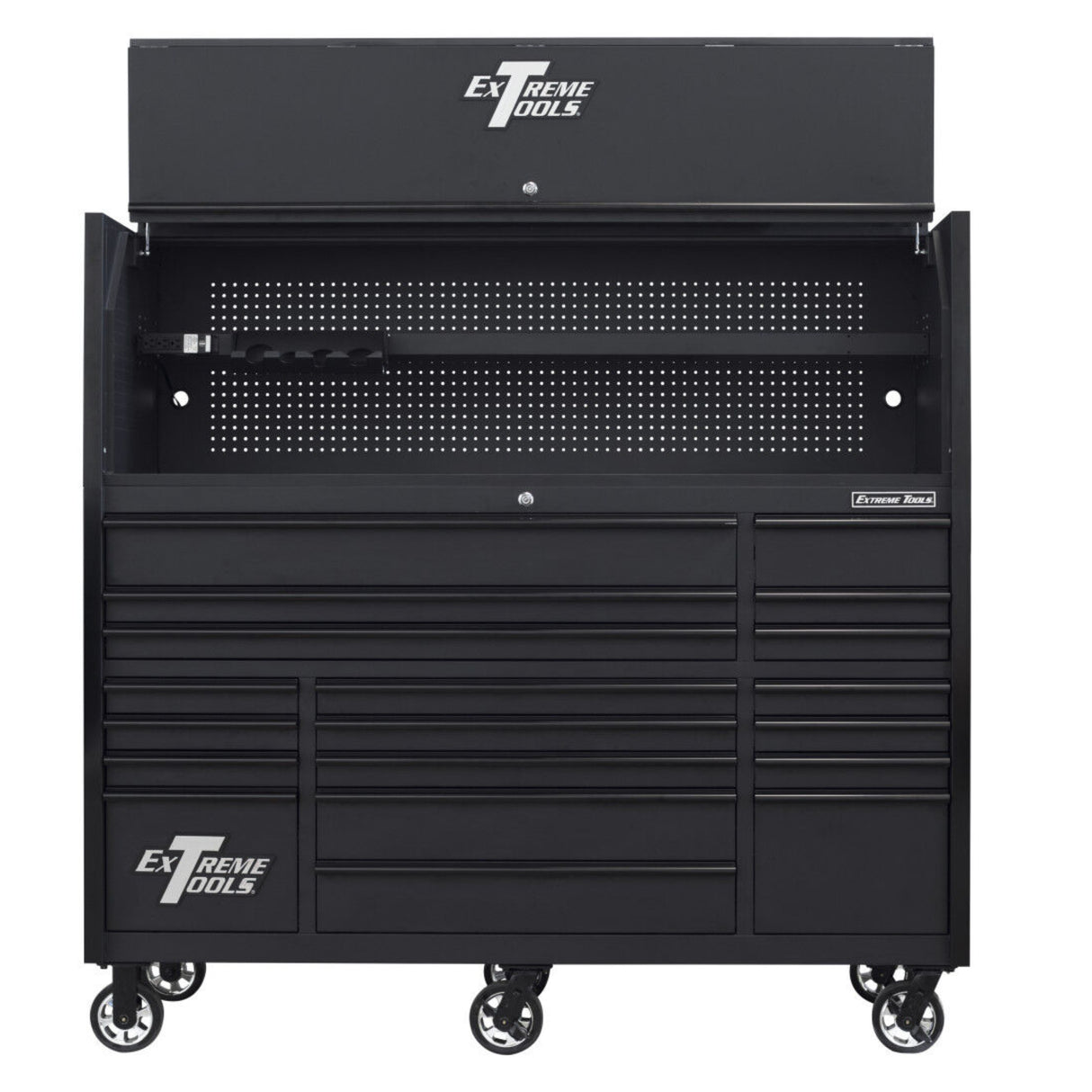 Extreme Tools RX Series 72in W x 25in D Pro Hutch & 19-Drawer Roller Cabinet Combo, Matte Black