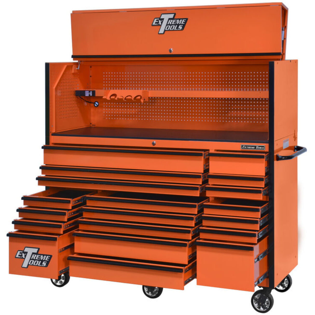 Extreme Tools RX Series 72in W x 25in D Pro Hutch & 19-Drawer Roller Cabinet Combo, Orange/Black