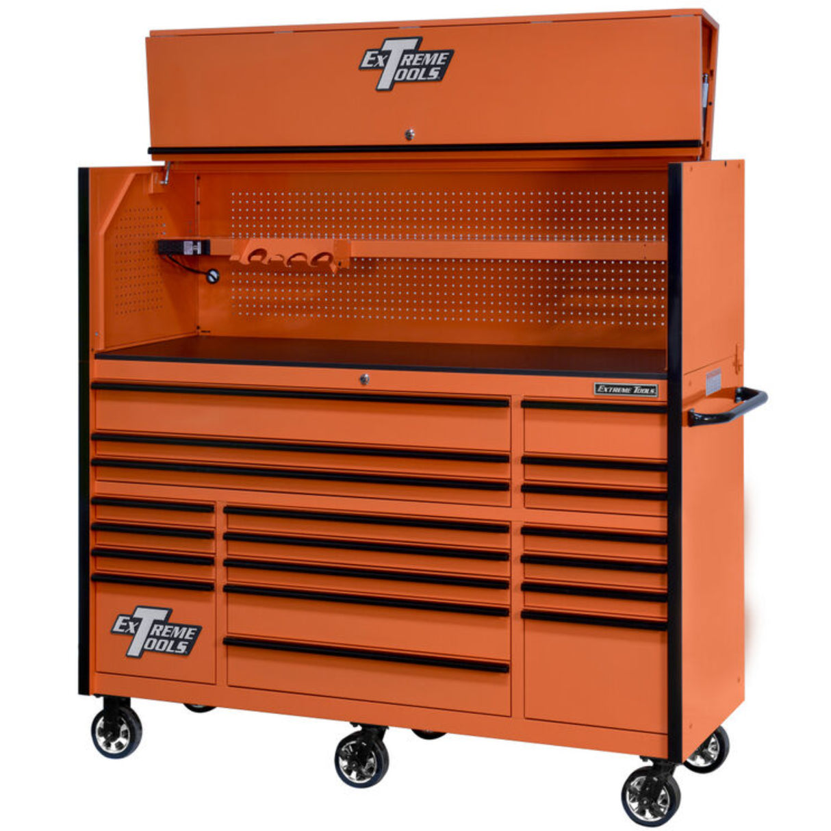 Extreme Tools RX Series 72in W x 25in D Pro Hutch & 19-Drawer Roller Cabinet Combo, Orange/Black