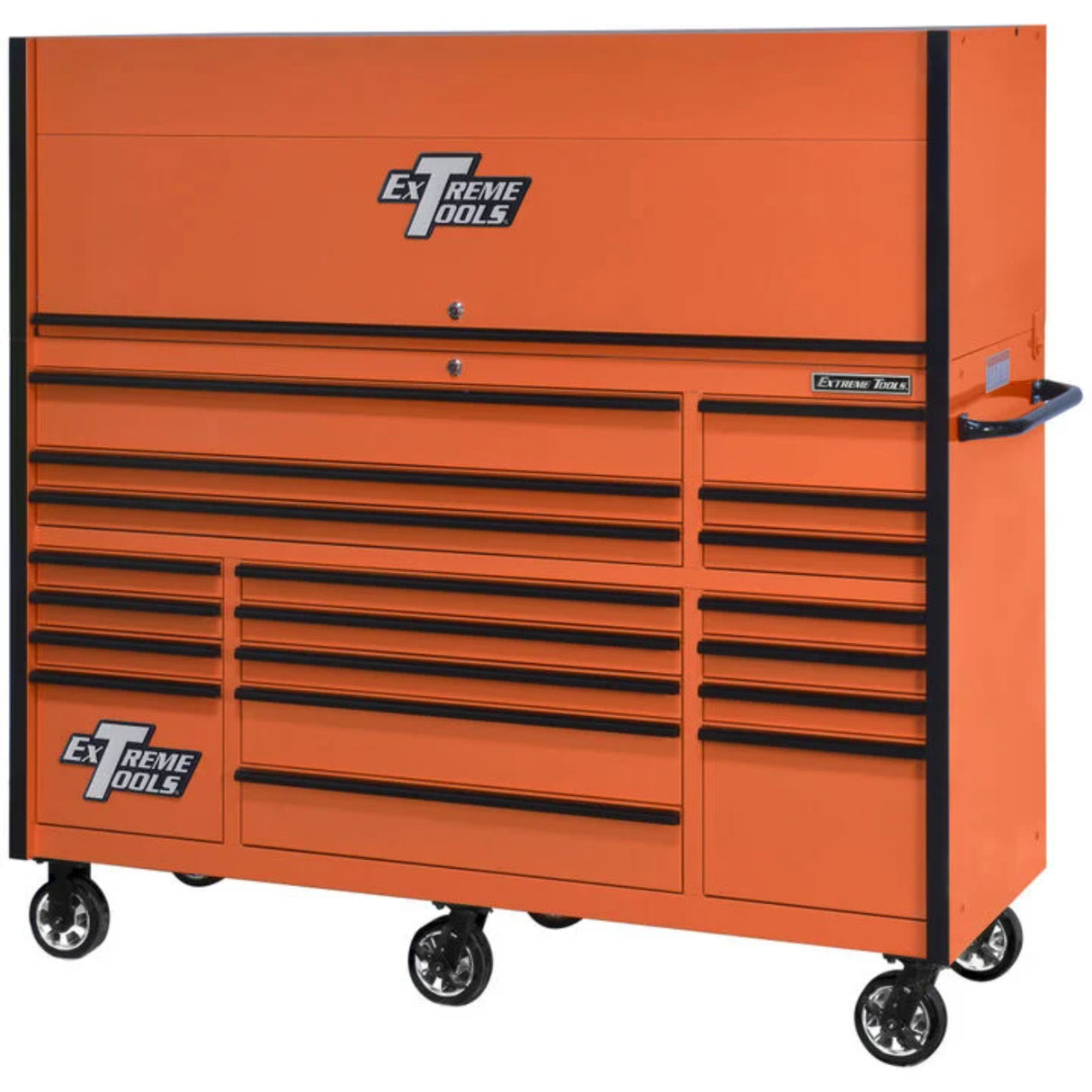 Extreme Tools RX Series 72in W x 25in D Pro Hutch & 19-Drawer Roller Cabinet Combo, Orange/Black