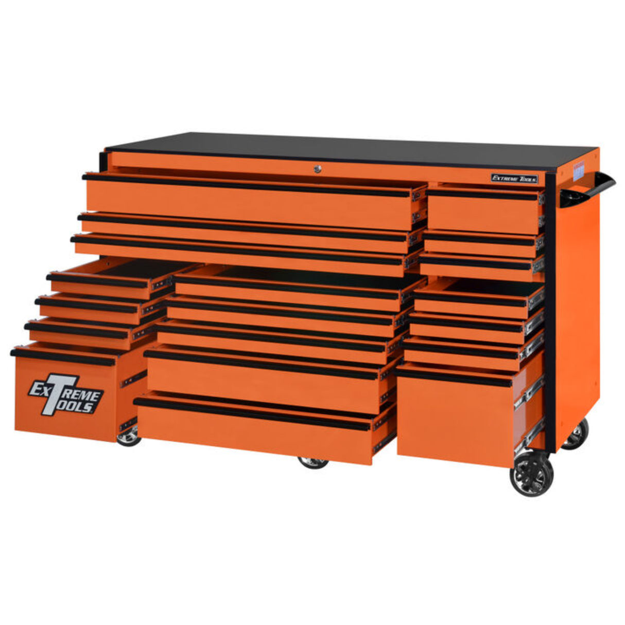 Extreme Tools RX Series 72in W x 30in D 19-Drawer Triple Bank Roller Cabinet, Orange/Black