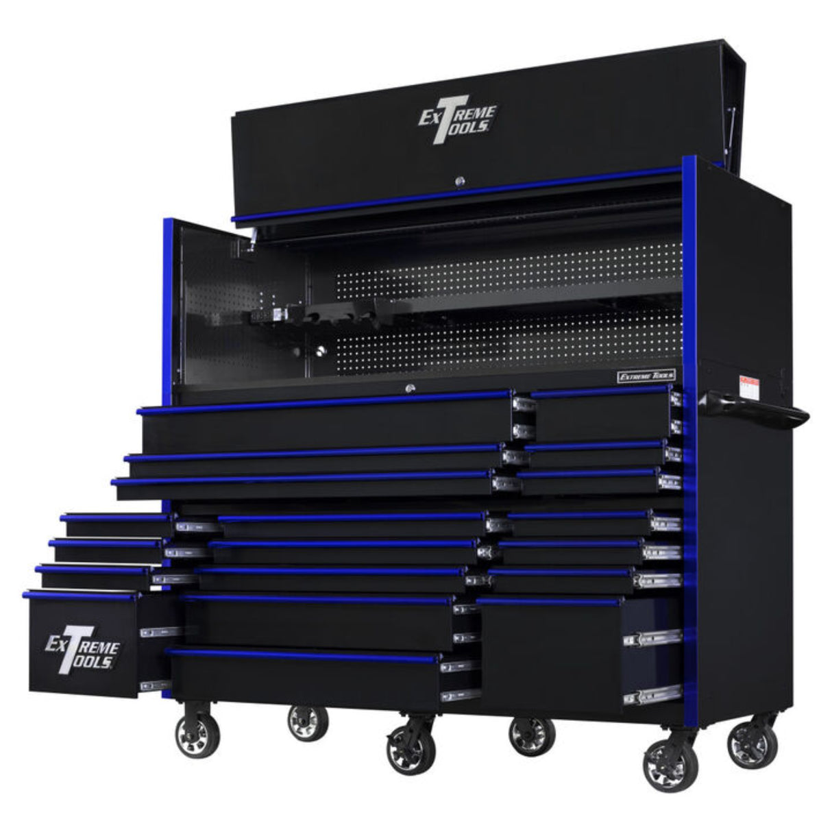Extreme Tools RX Series 72in W x 30in D Pro Hutch & 19-Drawer Roller Cabinet Combo, Black/Blue