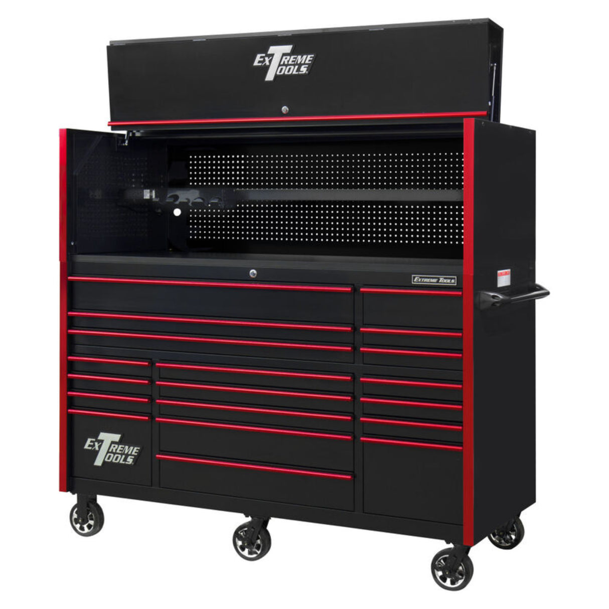 Extreme Tools RX Series 72in W x 30in D Pro Hutch & 19-Drawer Roller Cabinet Combo, Black/Red